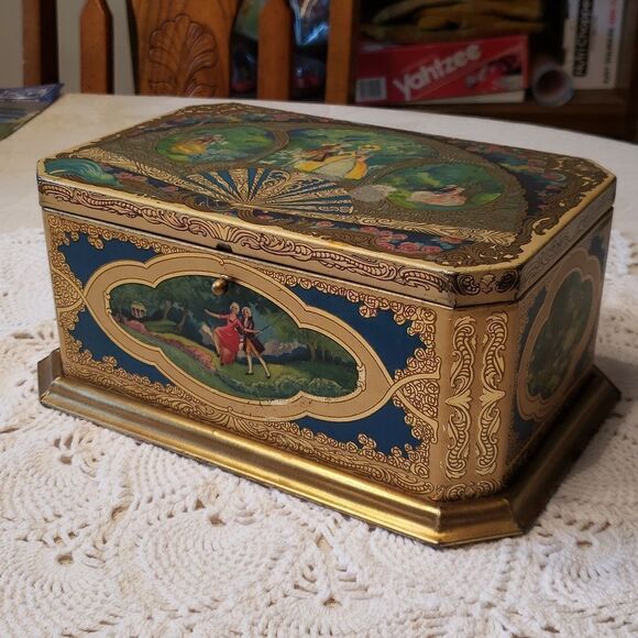 Vintage Metal Hinged Artstyle Chocolates Candy Box Tin w/ Victorian Scenes - Picture 1 of 14